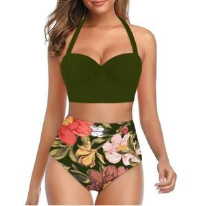 High-Waist Floral Green Bikini Set - Women Swim